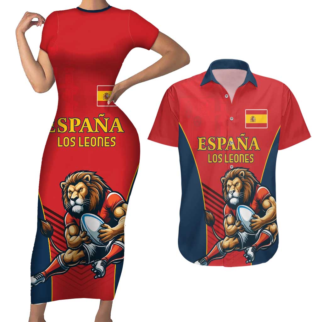 Custom Spain Rugby Couples Matching Short Sleeve Bodycon Dress and Hawaiian Shirt Los Leones Lion Mascot