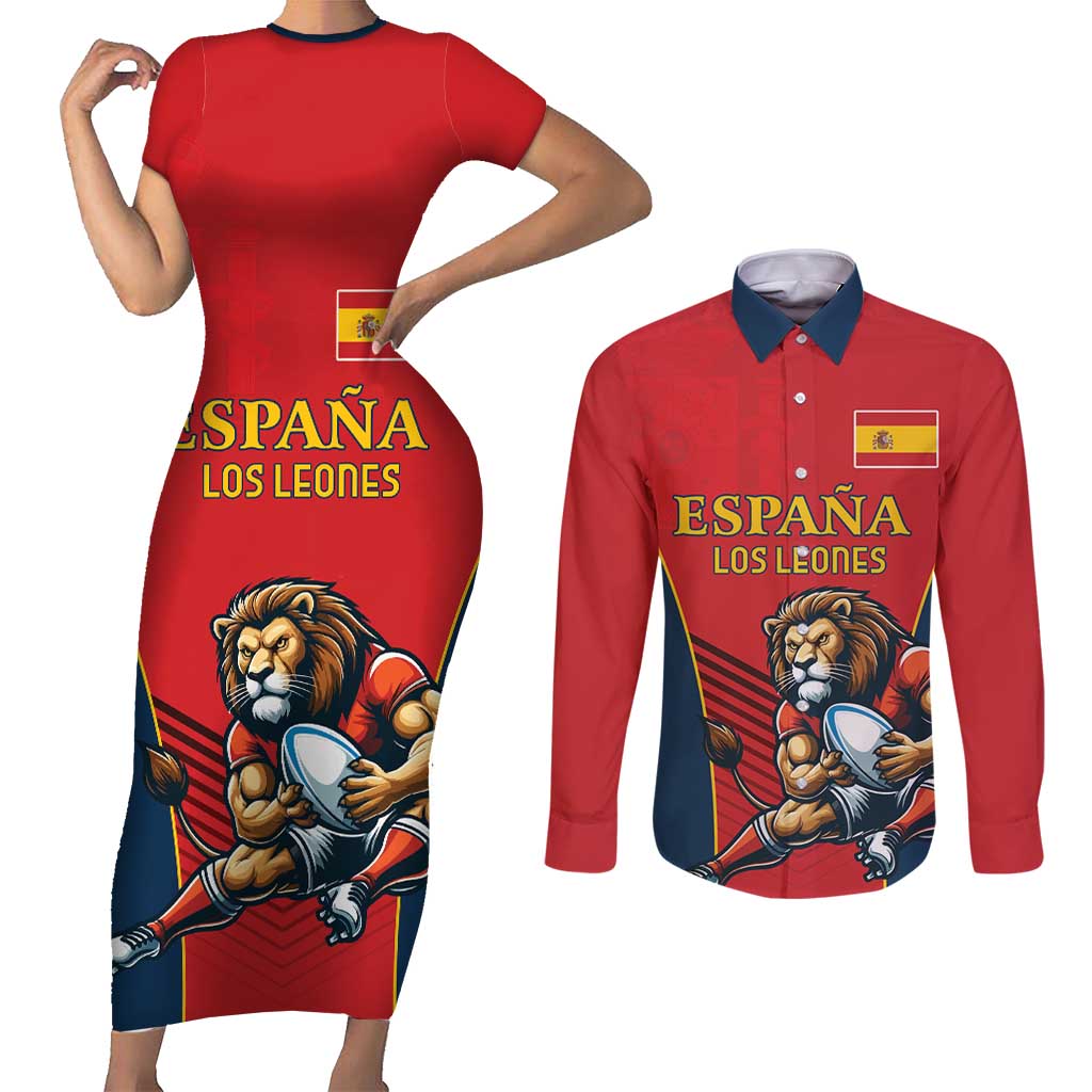 Custom Spain Rugby Couples Matching Short Sleeve Bodycon Dress and Long Sleeve Button Shirt Los Leones Lion Mascot