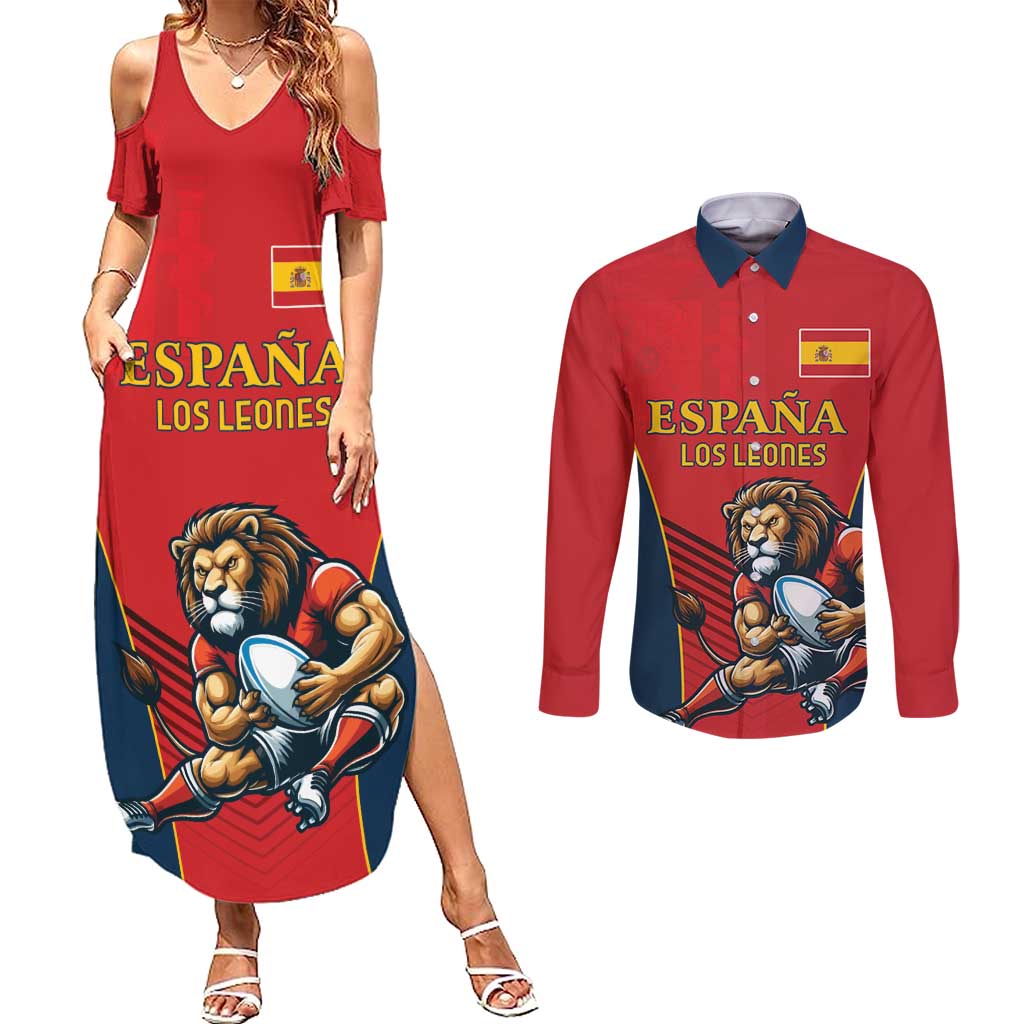 Custom Spain Rugby Couples Matching Summer Maxi Dress and Long Sleeve Button Shirt Los Leones Lion Mascot