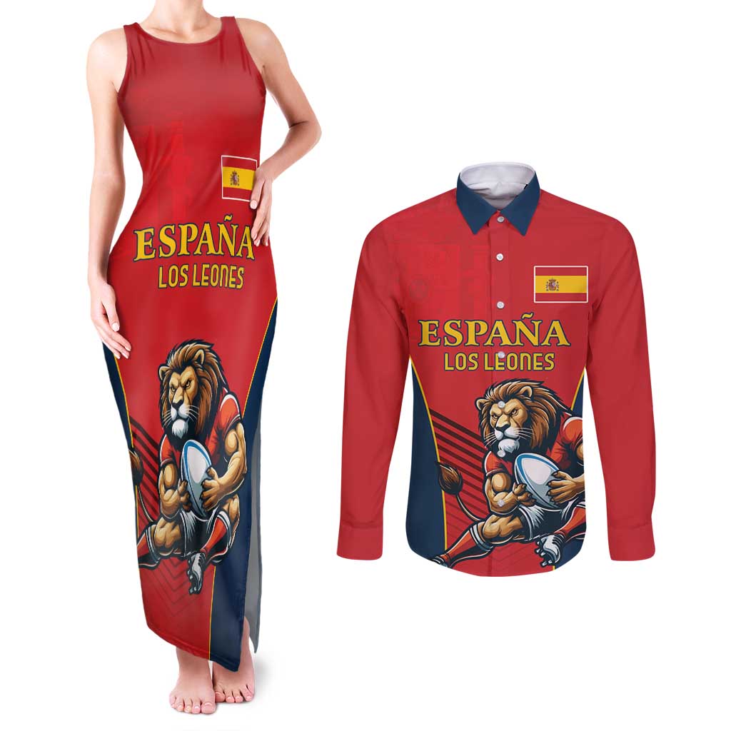 Custom Spain Rugby Couples Matching Tank Maxi Dress and Long Sleeve Button Shirt Los Leones Lion Mascot