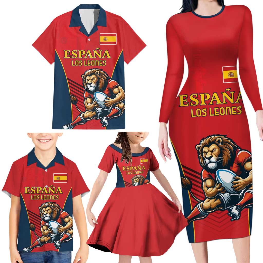 Custom Spain Rugby Family Matching Long Sleeve Bodycon Dress and Hawaiian Shirt Los Leones Lion Mascot