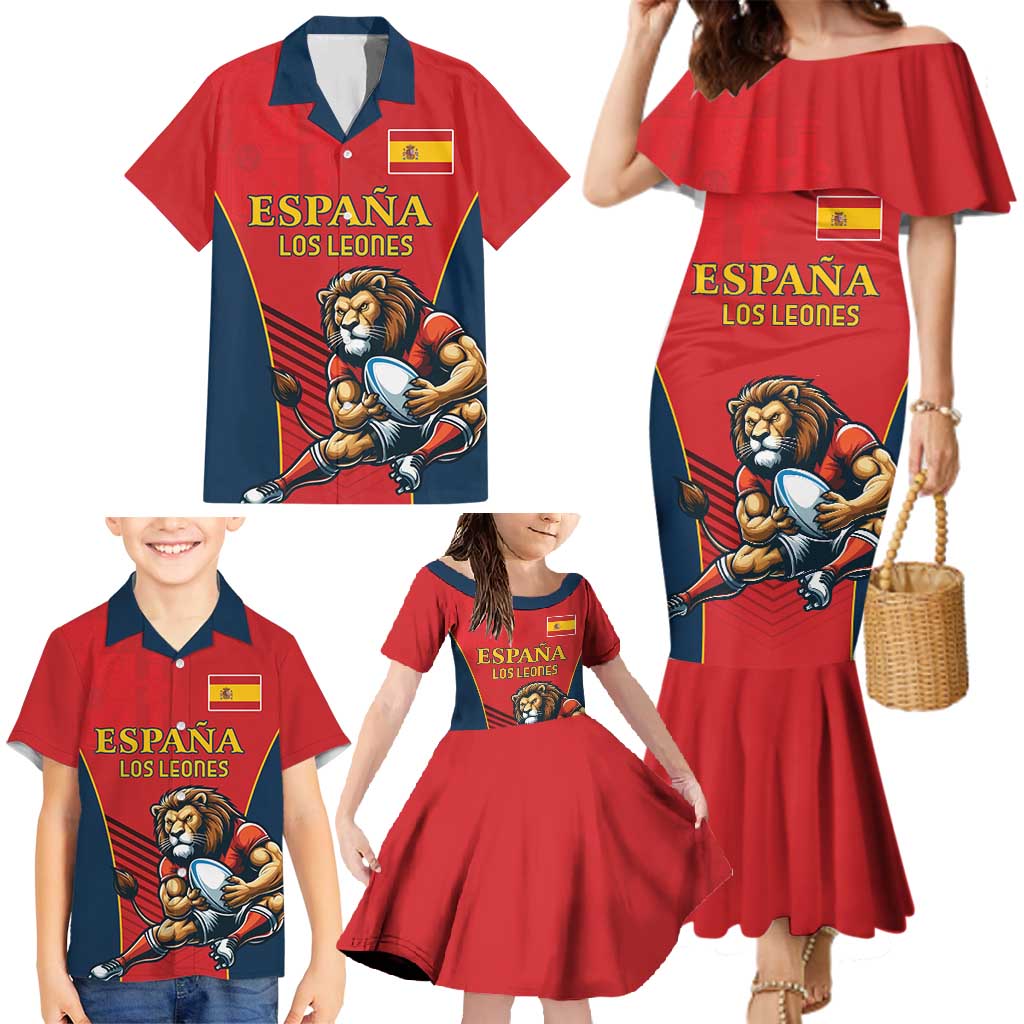 Custom Spain Rugby Family Matching Mermaid Dress and Hawaiian Shirt Los Leones Lion Mascot