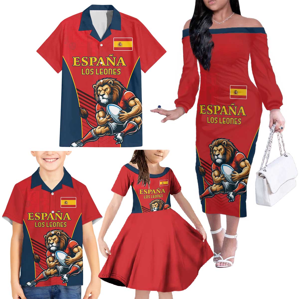 Custom Spain Rugby Family Matching Off The Shoulder Long Sleeve Dress and Hawaiian Shirt Los Leones Lion Mascot