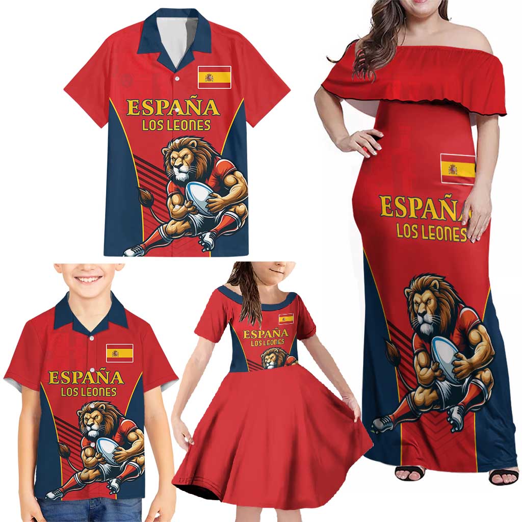 Custom Spain Rugby Family Matching Off Shoulder Maxi Dress and Hawaiian Shirt Los Leones Lion Mascot