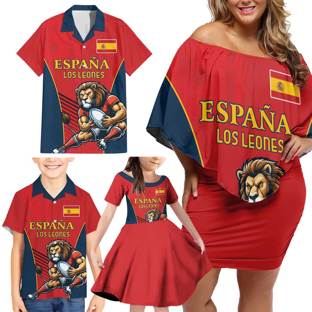 Custom Spain Rugby Family Matching Off Shoulder Short Dress and Hawaiian Shirt Los Leones Lion Mascot