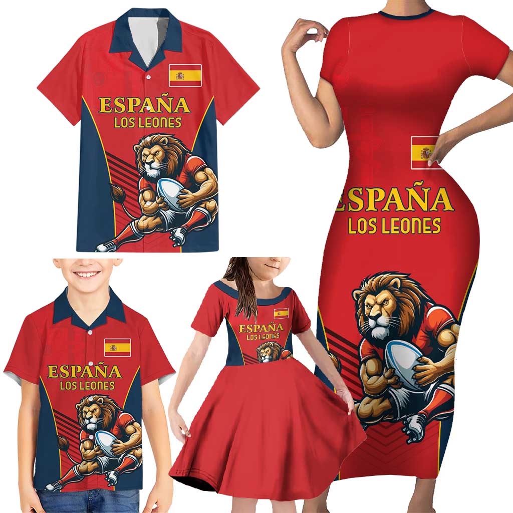 Custom Spain Rugby Family Matching Short Sleeve Bodycon Dress and Hawaiian Shirt Los Leones Lion Mascot - Wonder Print Shop