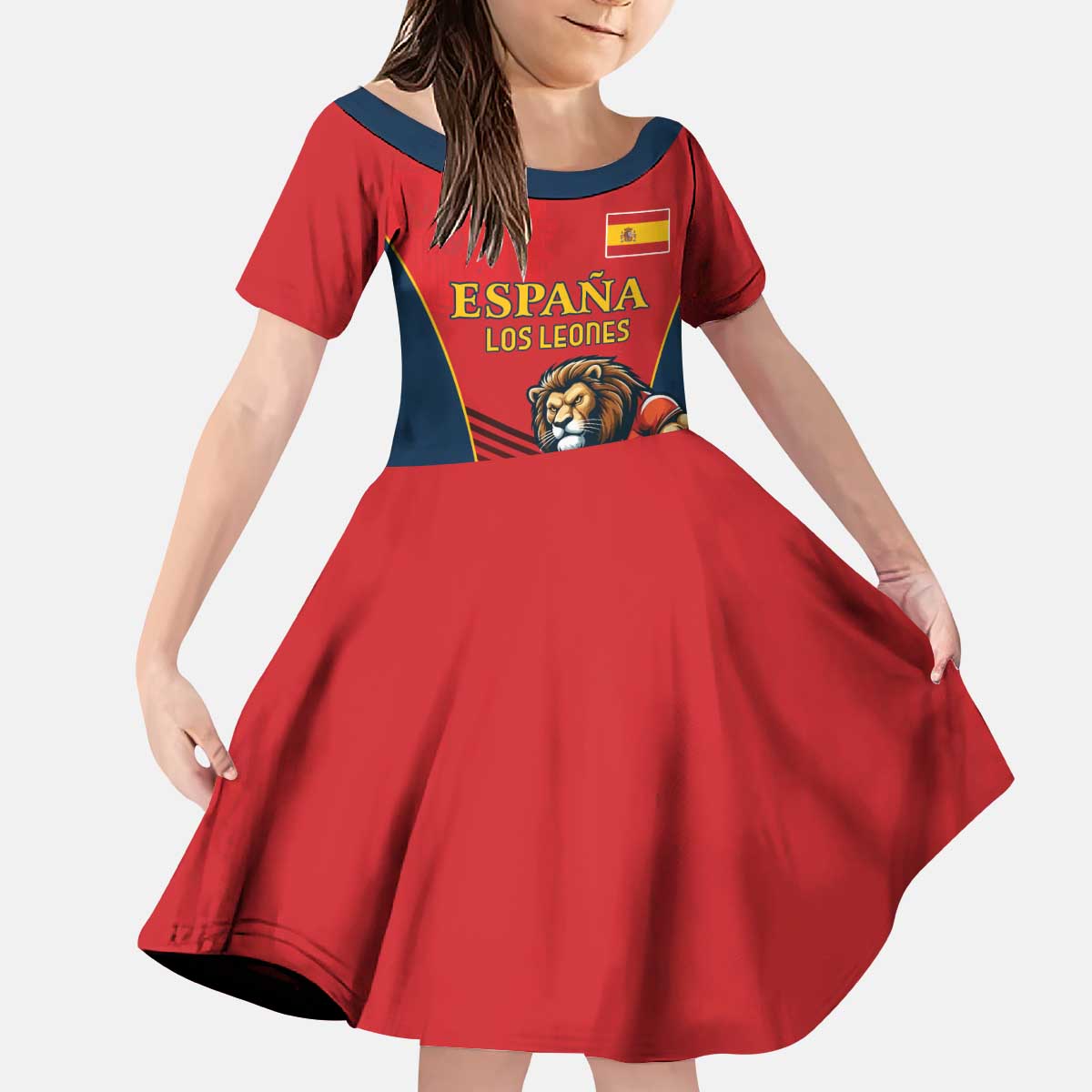 Custom Spain Rugby Kid Short Sleeve Dress Los Leones Lion Mascot - Wonder Print Shop