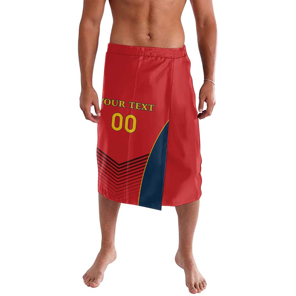 Red custom rugby shorts with elastic waistband, lion graphic and blue side panel