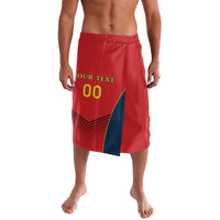Red custom rugby shorts with elastic waistband, lion graphic and blue side panel