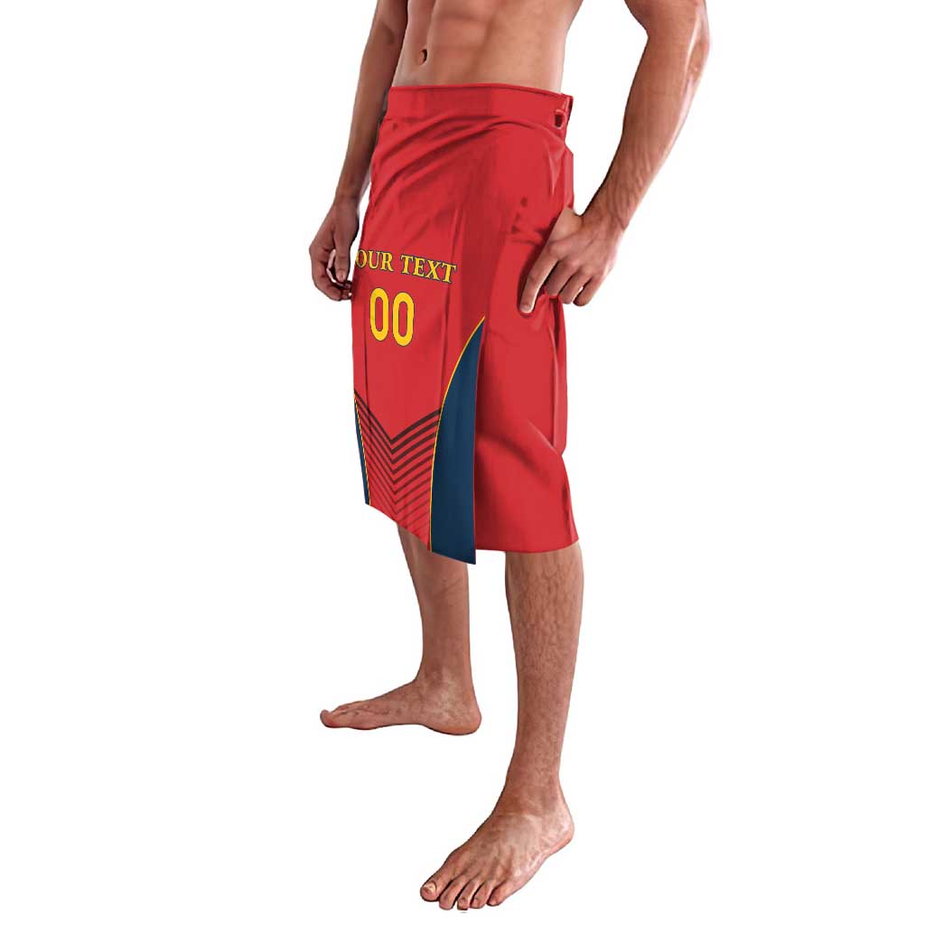 Red custom rugby shorts with front graphic, blue stripe side panel, and elastic waistband