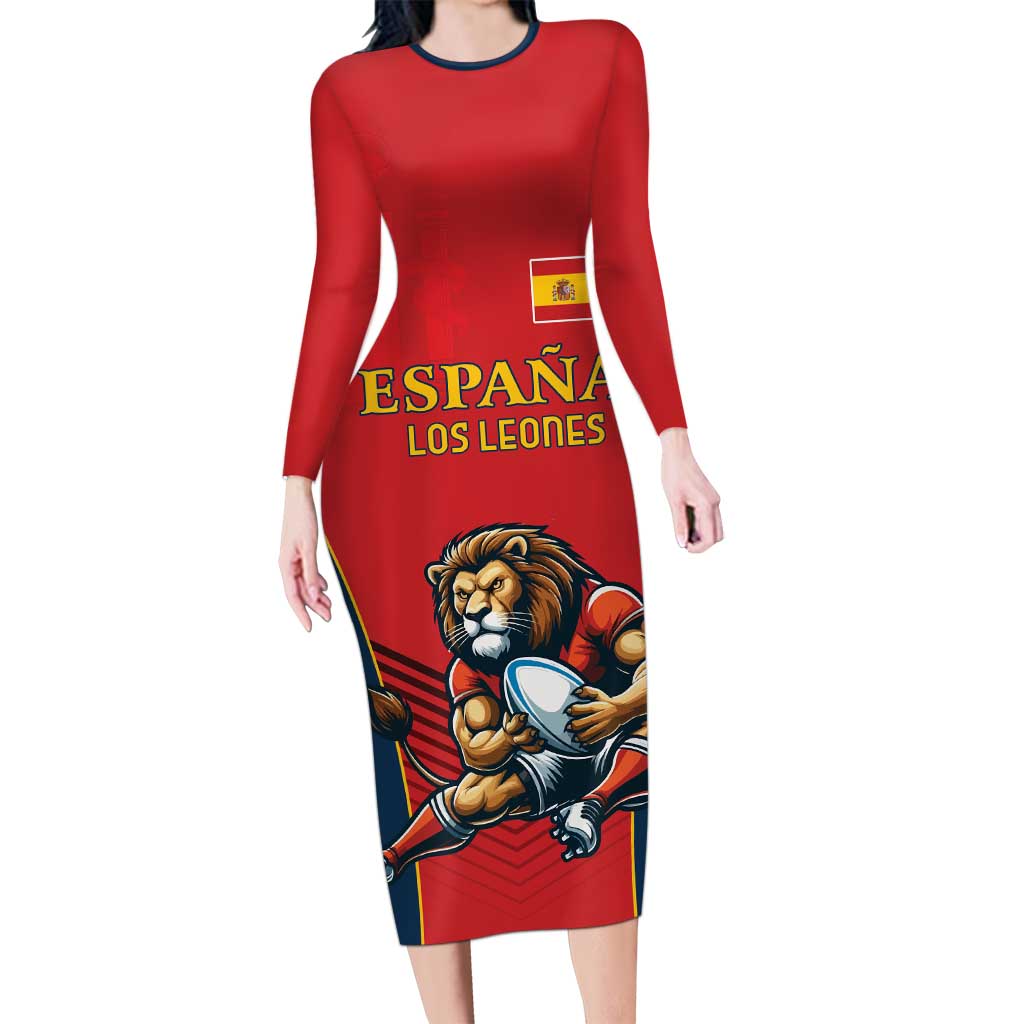 Custom Spain Rugby Long Sleeve Bodycon Dress Los Leones Lion Mascot - Wonder Print Shop