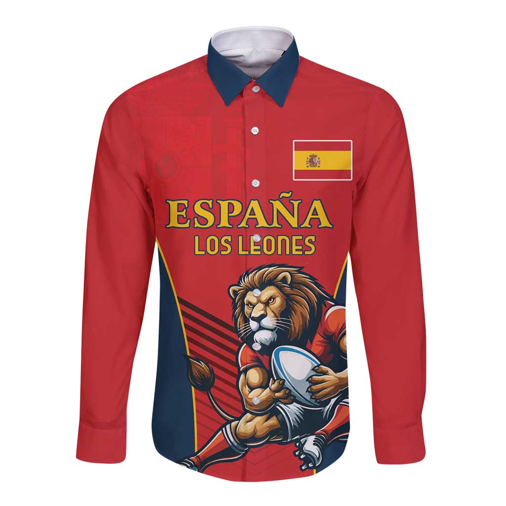 Red long-sleeve rugby button shirt with lion mascot graphic and Spain crest