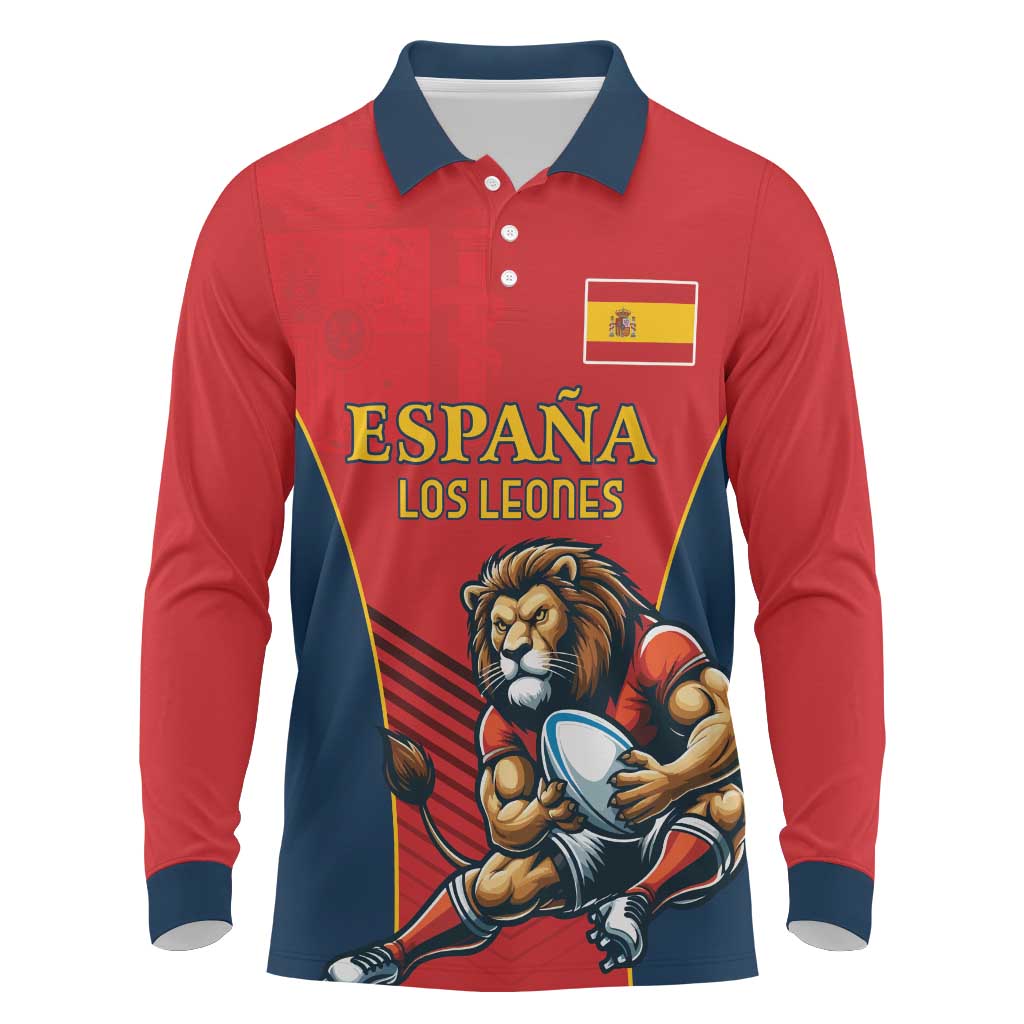 Custom Spain Rugby Long Sleeve Polo Shirt Los Leones Lion Mascot - Wonder Print Shop