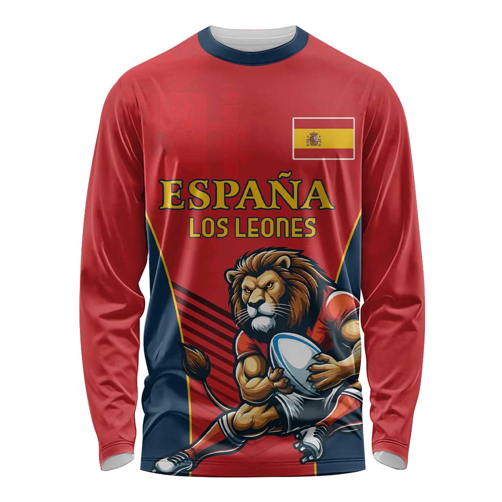 Custom Spain Rugby Long Sleeve Shirt Los Leones Lion Mascot - Wonder Print Shop