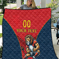 Red and navy rugby quilt blanket with lion mascot holding a ball and “YOUR TEXT”