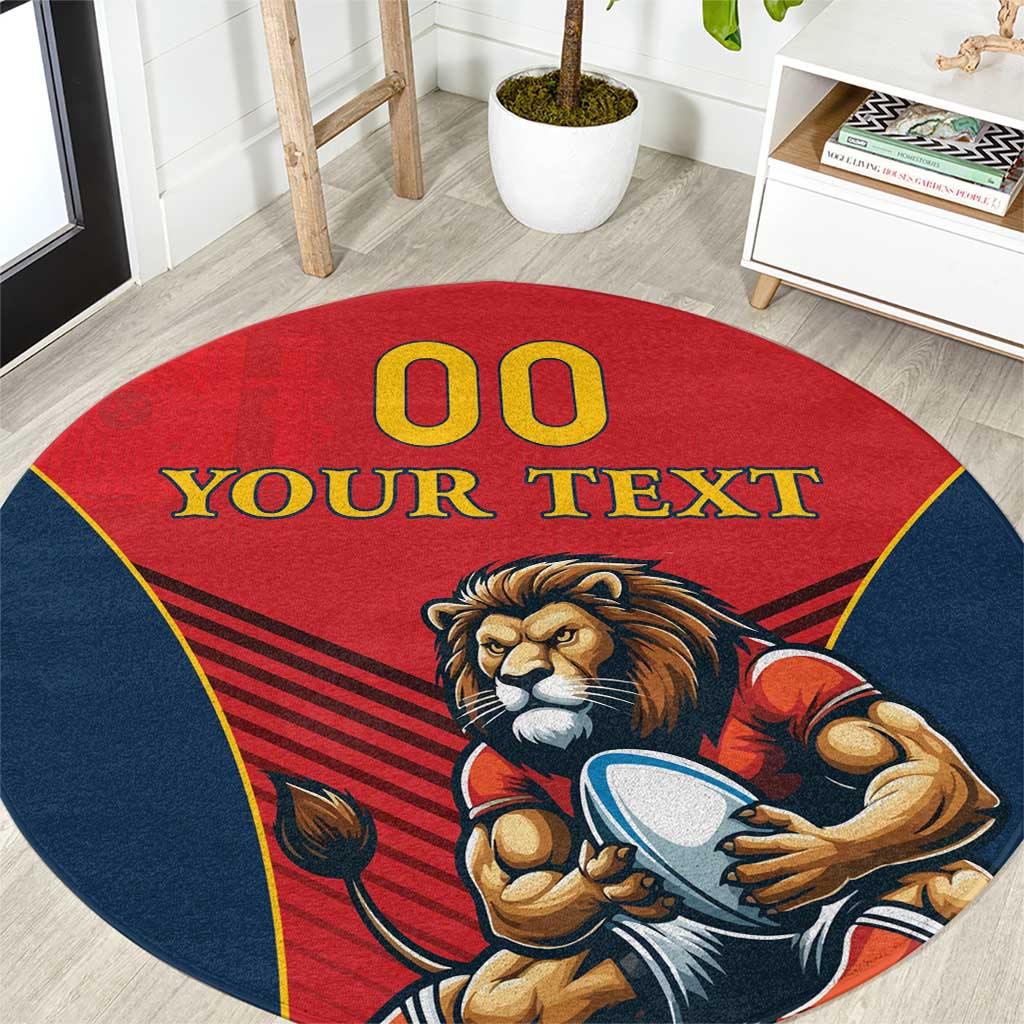 Red round rugby rug with lion mascot, custom “YOUR TEXT” and “00”, blue edge