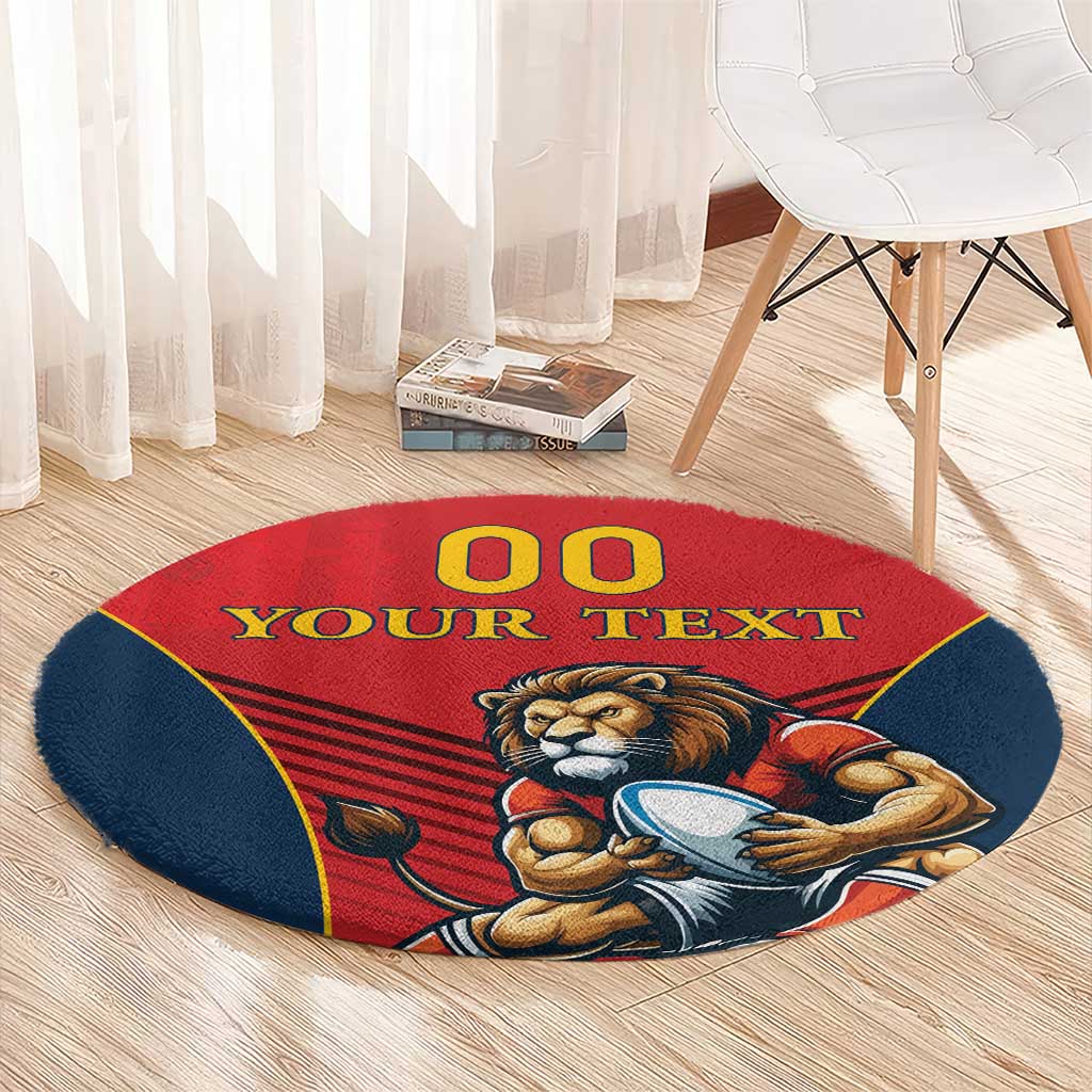 Red round rugby rug with lion mascot and “00 YOUR TEXT”, blue edge