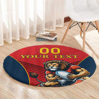 Red round rugby rug with lion mascot and “00 YOUR TEXT”, blue edge