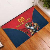 Red and navy rugby doormat with lion mascot holding a cup and editable “Your Text”