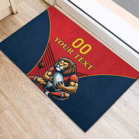 Red and navy rugby doormat featuring lion mascot and large “Your Text”