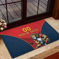 Red and navy lion rugby doormat with “Your Text” lettering and mascot graphic
