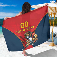 Custom Spain rugby sarong with lion mascot and bold custom text, red and navy panels