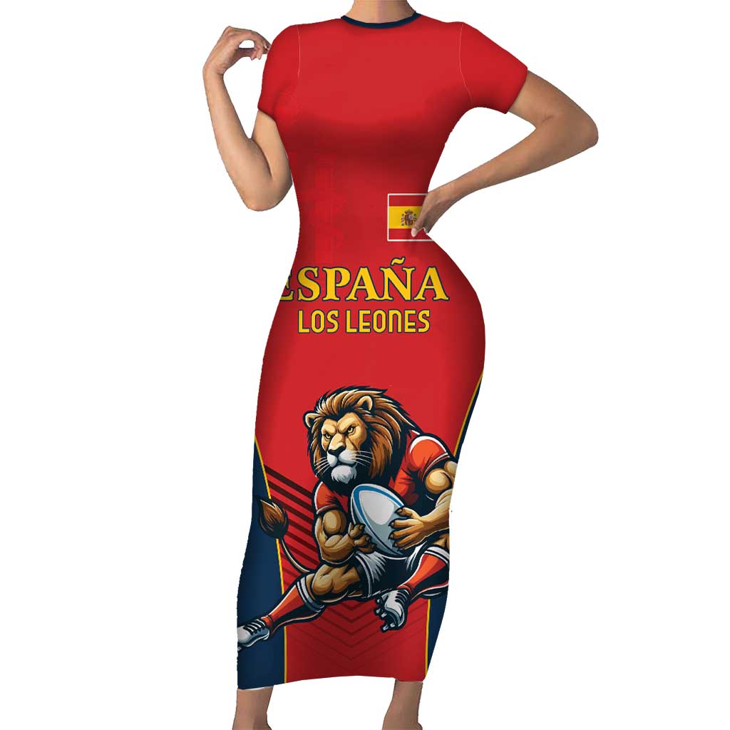 Custom Spain Rugby Short Sleeve Bodycon Dress Los Leones Lion Mascot - Wonder Print Shop