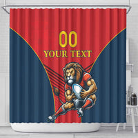 Red and blue shower curtain with lion mascot holding a ball, gold 'YOUR TEXT' text and '00'.