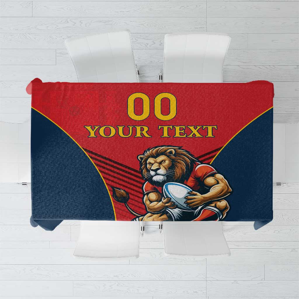 Red and navy rugby tablecloth with gold lettering and lion mascot design