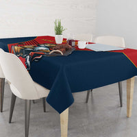 Navy and red rugby tablecloth with lion mascot and gold sports graphic