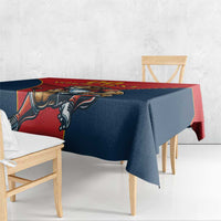 Navy and red rugby tablecloth corner view with lion emblem design
