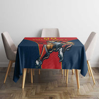 Red and navy tablecloth with lion graphic panels for dining table