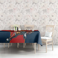 Navy tablecloth with red side panel and lion graphic for dining table