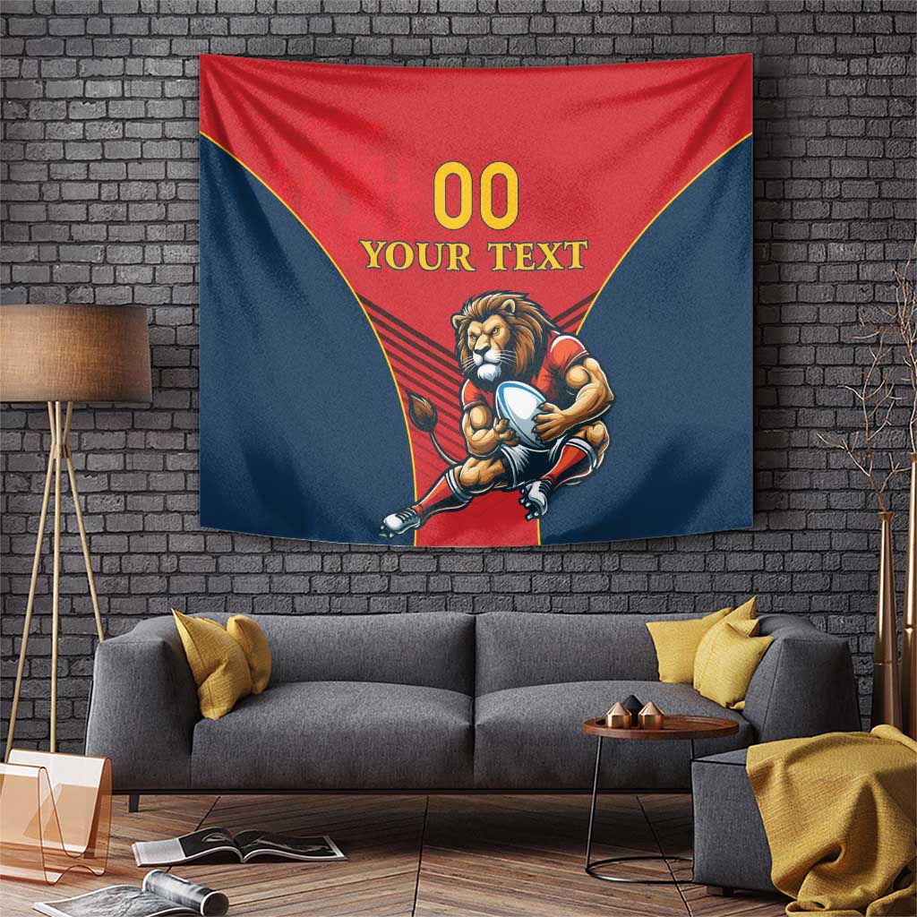 Red and navy rugby tapestry with lion mascot sitting with a ball and “00 YOUR TEXT”