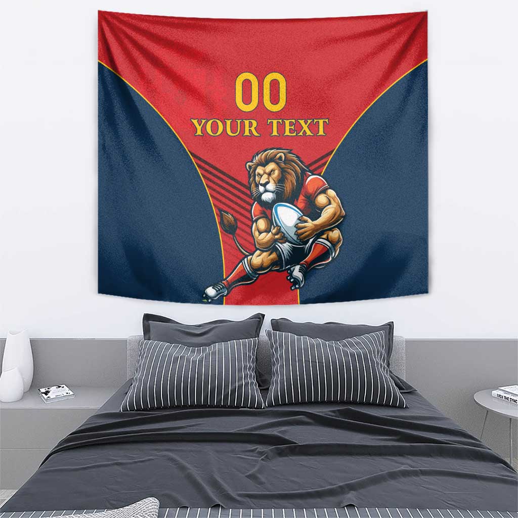 Red and navy rugby tapestry featuring a lion mascot holding a ball with “00 YOUR TEXT”