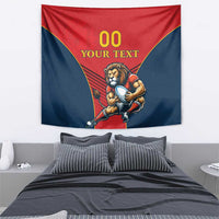 Red and navy rugby tapestry featuring a lion mascot holding a ball with “00 YOUR TEXT”