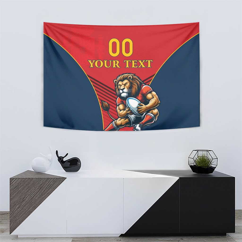 Red and navy rugby wall tapestry showing lion mascot with ball and “00 YOUR TEXT”
