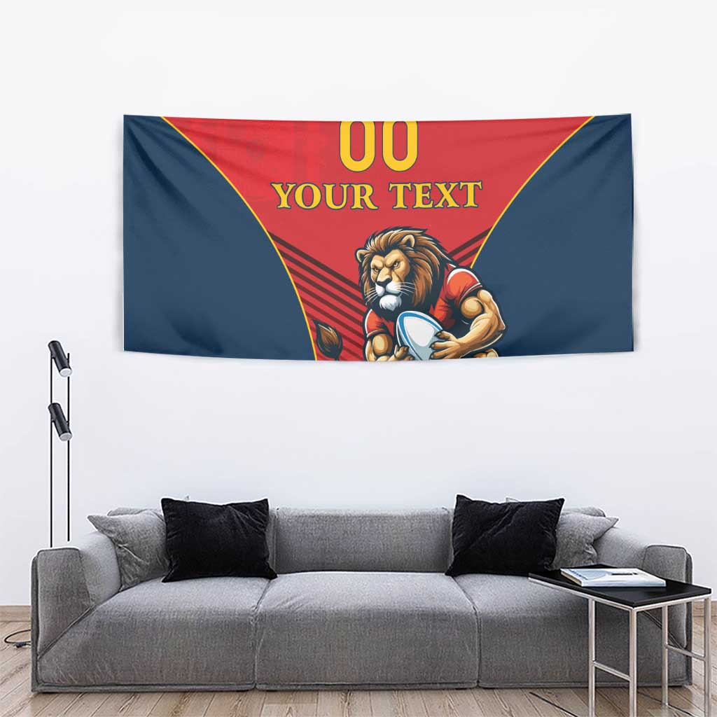Red and navy rugby tapestry featuring lion mascot holding a ball and “00 YOUR TEXT”