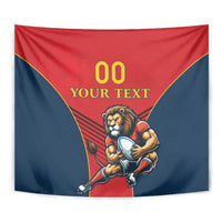 Red and navy rugby wall tapestry with lion mascot holding a ball and “00 YOUR TEXT”