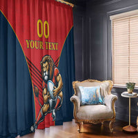 Red and navy lion mascot curtain panel with your text and rugby shield design