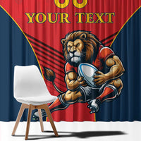 Lion mascot window curtain fabric detail with your text in red and navy shield