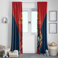 Red and navy lion mascot curtain set framing a white front door