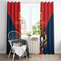Red and navy lion mascot curtain with your text, hung on ring-style top