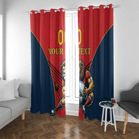 Red and navy lion mascot window curtain with your text, hanging on metal rings