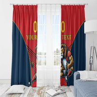 Red and navy lion mascot curtain with your text, shown in front of a window