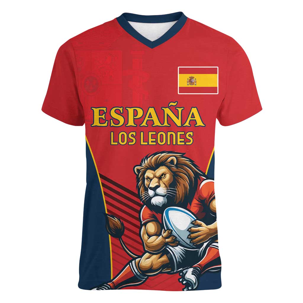 Custom Spain Rugby Women V-Neck T-Shirt Los Leones Lion Mascot