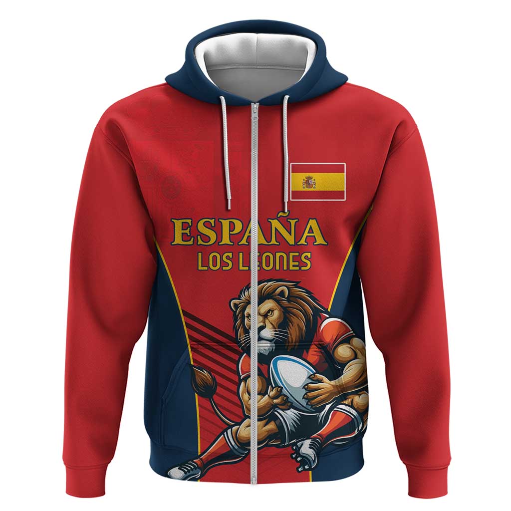 Custom Spain Rugby Zip Hoodie Los Leones Lion Mascot