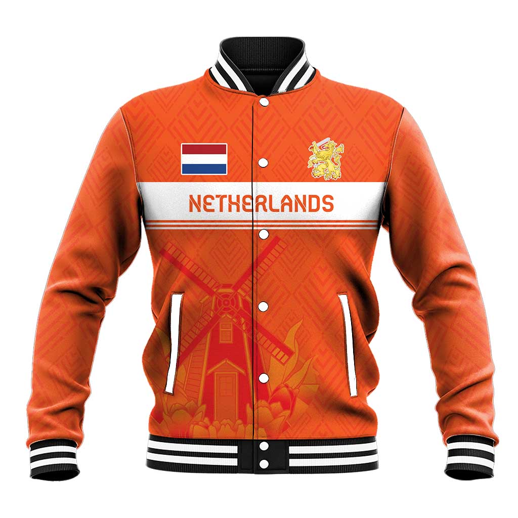 Orange baseball varsity jacket with striped collar, snap front, Netherlands graphic panels