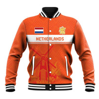 Orange baseball varsity jacket with striped collar, snap front, Netherlands graphic panels