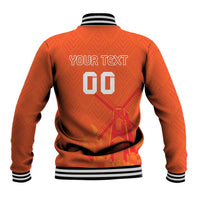 Orange baseball varsity jacket back with striped collar, custom text and number 00